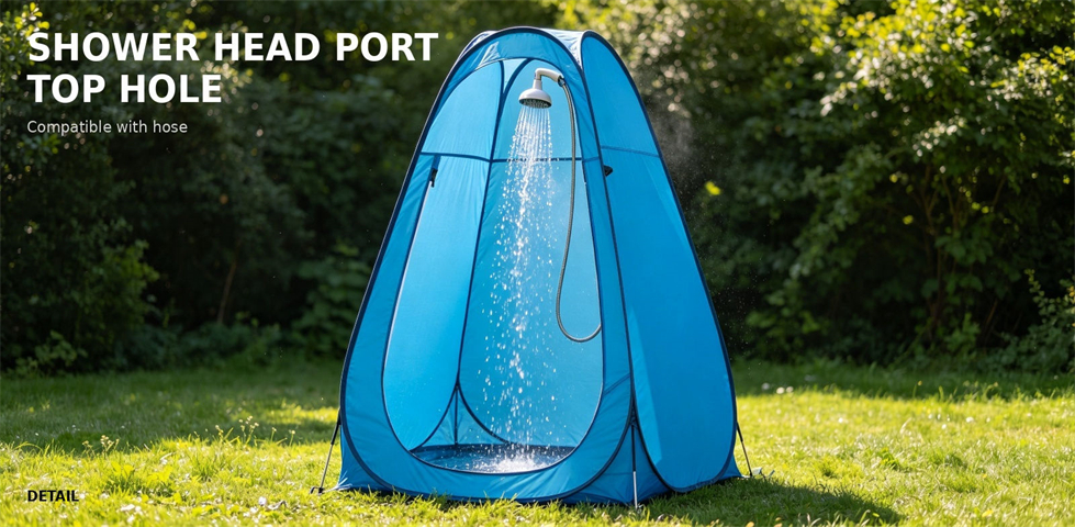 Top shower hose port on a portable shower tent for procurement review and emergency camp allocation