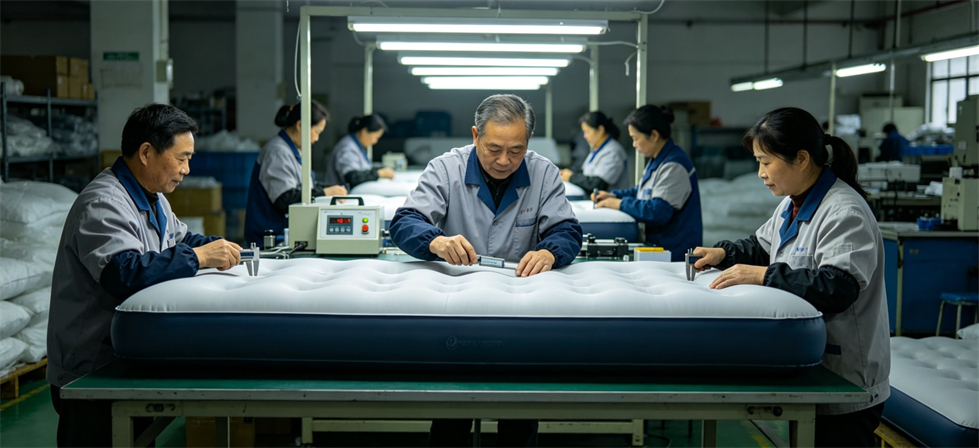 Emergency inflatable mattress material detail image for sample review with visible construction details for bulk purchasing review