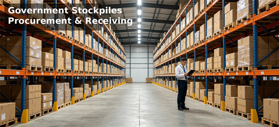 Relief blanket government stockpile receiving aisle for supplier screening and bulk delivery verification Relief blanket government stockpile receiving aisle for supplier screening and bulk delivery verification