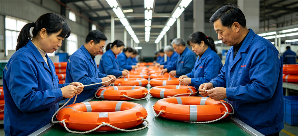 Rescue Lifebuoys showing assembly line for bulk order inspection and export shipment coordination