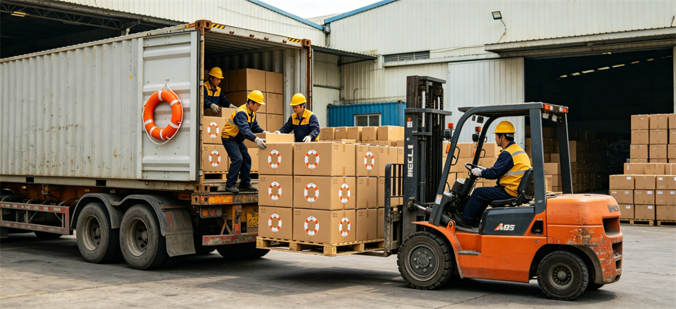 Rescue Lifebuoys showing container loading for government procurement and emergency reserve planning