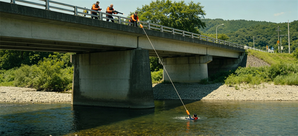 Rescue Line Throwers showing bridge deployment for disaster camp allocation and field operation readiness