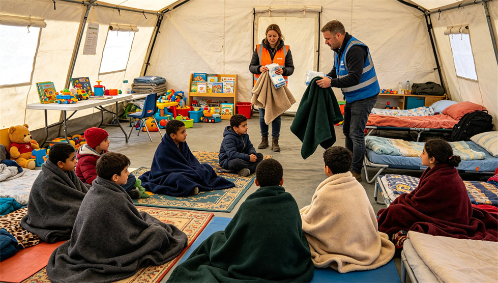 Emergency blanket temporary shelter use showing solid color brown scene for institutional procurement review