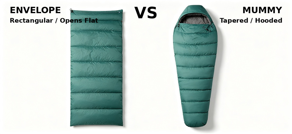 Envelope and mummy sleeping bag shapes compared for temperature range and shelter procurement Envelope and mummy sleeping bag shapes compared for temperature range and shelter procurement