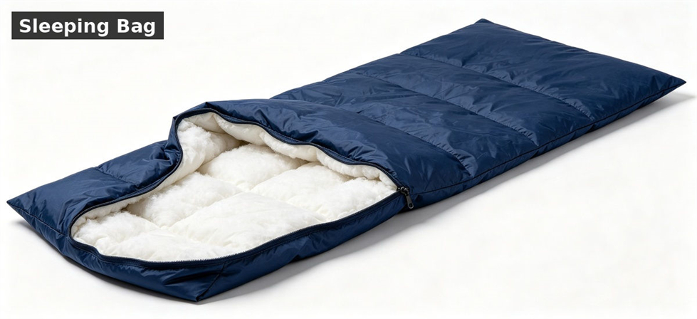 Sleeping bag displayed for temporary shelter accommodation and institutional relief procurement