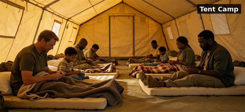 Bedding arranged inside a temporary tent camp for disaster shelter planning for B2B procurement