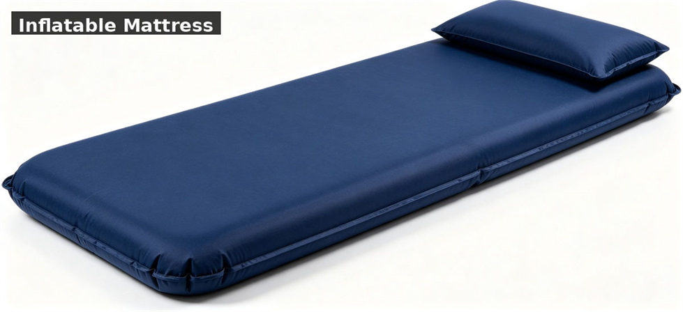 Inflatable mattress with pillow prepared for temporary shelter sleeping arrangements Inflatable mattress with pillow prepared for temporary shelter sleeping arrangements