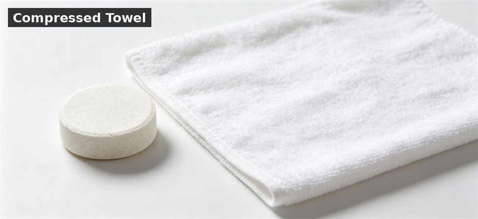 Compressed towel displayed beside its expanded form for institutional hygiene kits