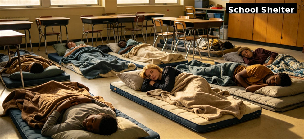 Blankets arranged in a school shelter for temporary sleeping support for institutional bulk procurement review