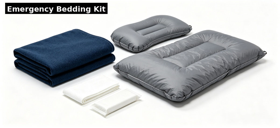 Emergency bedding kit combining blankets with temporary shelter sleep products for institutional bulk procurement review