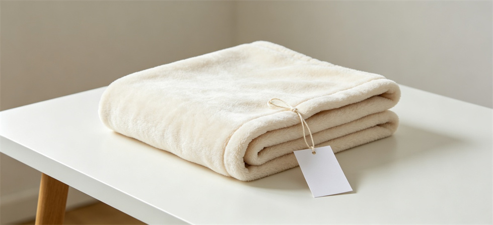 Blanket sample cream tag shown for confirm sample identity and seal the reference in institutional blanket procurement review
