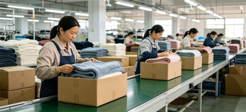 Blanket factory packing line shown for review labels and packing in institutional blanket procurement review Blanket factory packing line shown for review labels and packing in institutional blanket procurement review