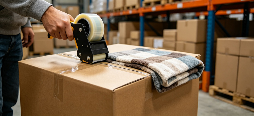 Blanket carton sealing shown for review labels and packing in institutional blanket procurement review
