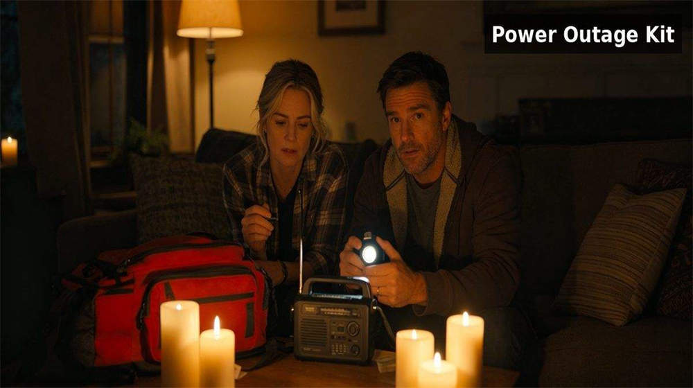 Power outage at night family using hand crank radio and flashlight from emergency kit with candles