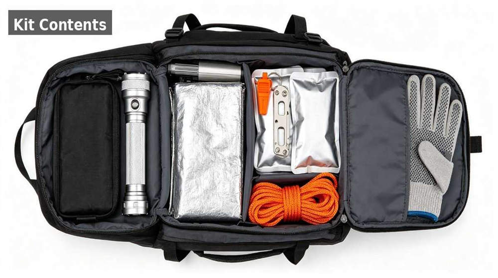 Open emergency kit showing all contents organized with food water first aid and tools Open emergency kit showing all contents organized with food water first aid and tools