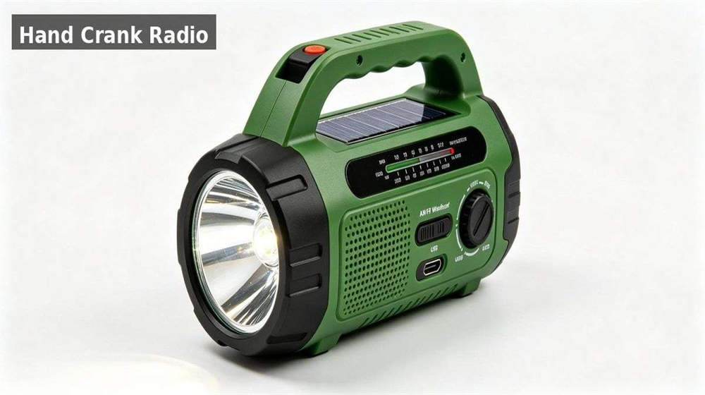 Hand crank radio and flashlight emergency communication and lighting device no battery needed