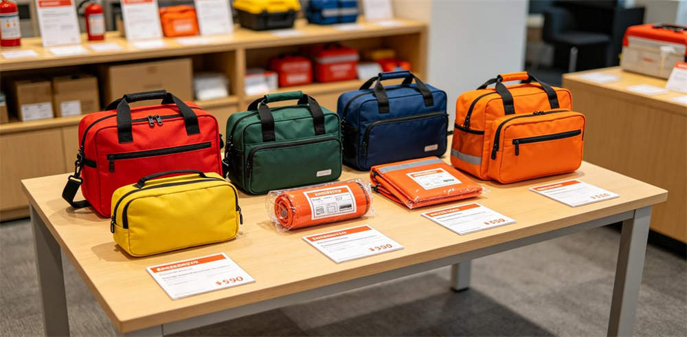 Mixed order emergency kits display with multiple product lines and colors
