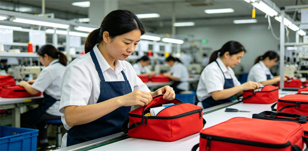 Quality control worker inspecting emergency kit zippers stitching and contents on production line