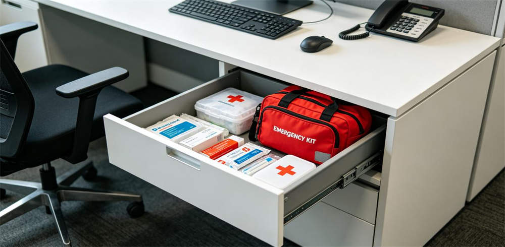 Office emergency kit and first aid supplies stored in open desk drawer