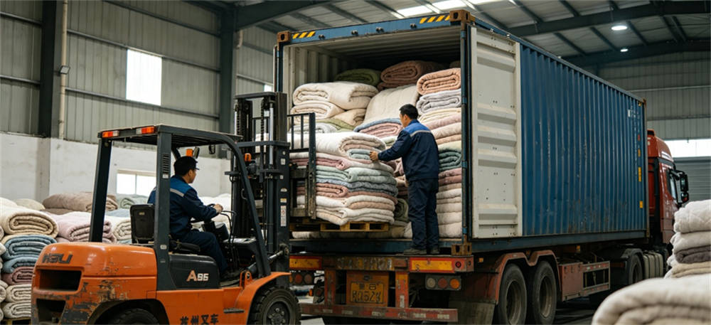 Container loading shown for worked example: 10,000 pieces of 300 gsm flannel in institutional blanket procurement review