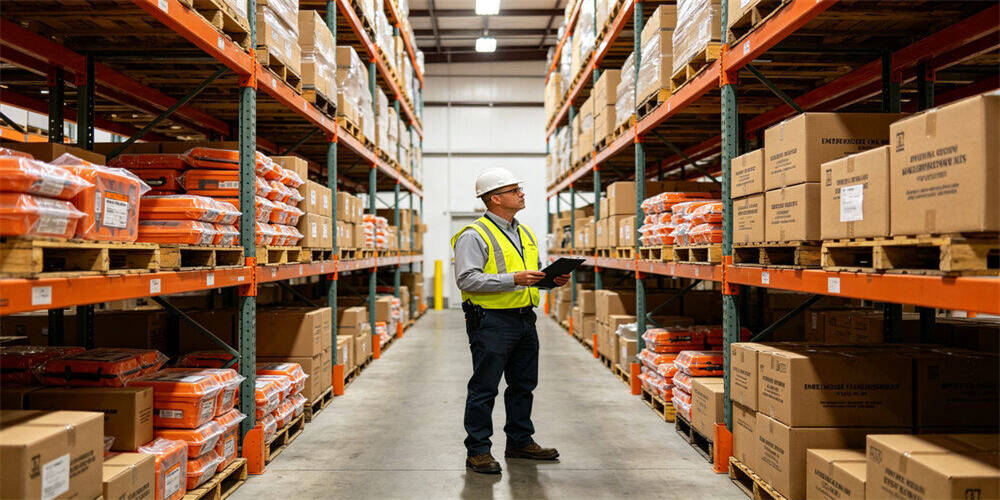 Emergency‑kit warehouse storage scene, warehouse staff checking stock of emergency kits on rack shelves, emergency supplies inventory checking for stock management and goods preparation