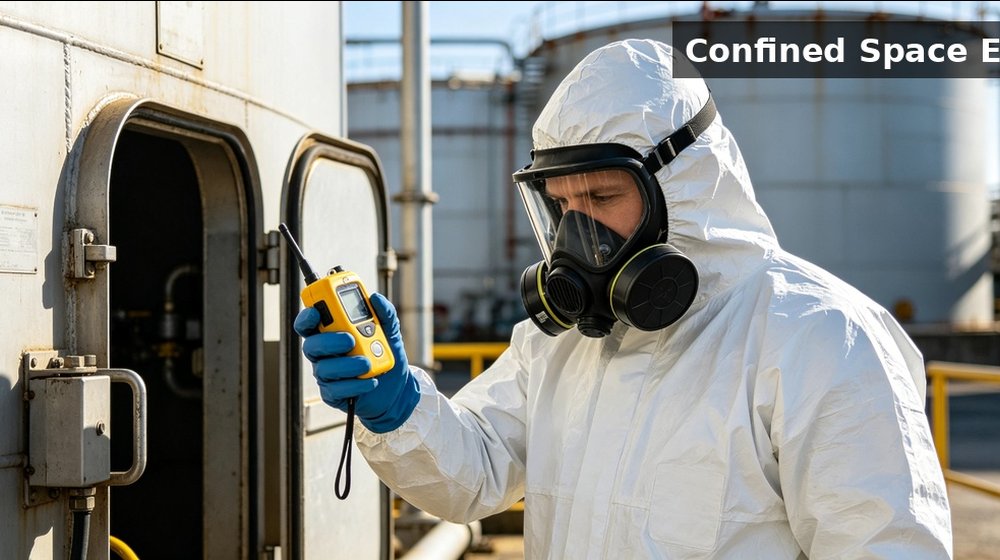 Hazmat worker using a portable gas detector to assess an industrial chemical work area Hazmat worker using a portable gas detector to assess an industrial chemical work area