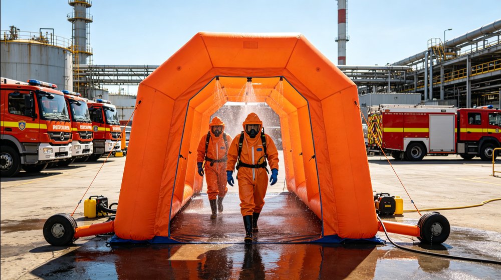 Emergency decontamination tent deployed for a hazmat response team at an industrial incident site
