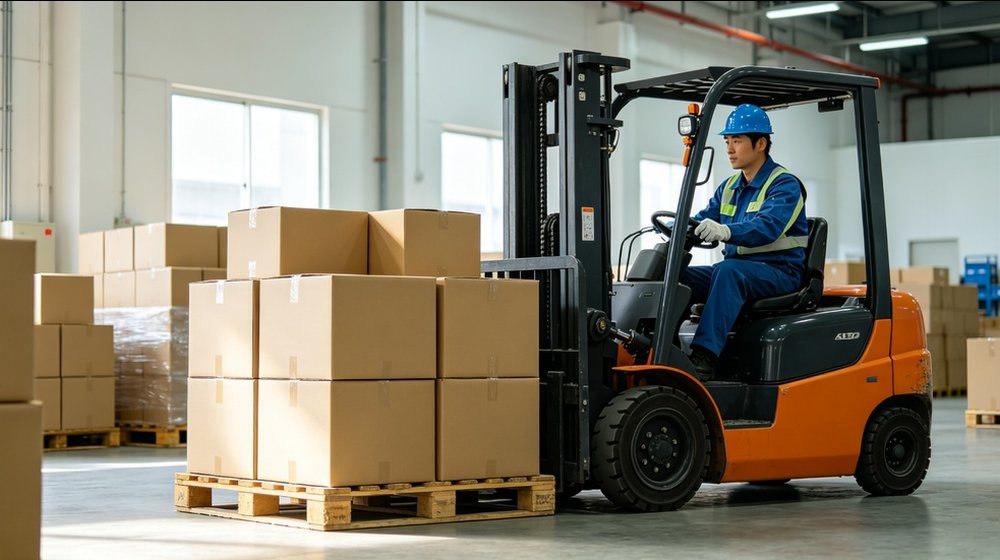 Forklift moving palletized protective equipment during controlled warehouse storage and rotation Forklift moving palletized protective equipment during controlled warehouse storage and rotation