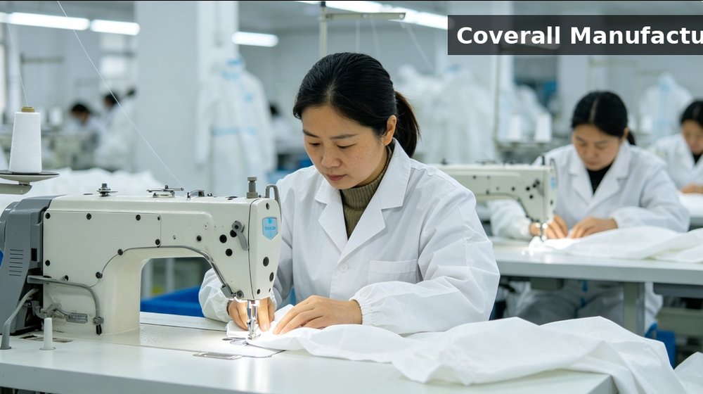 Factory operators sewing chemical protective coveralls for OEM industrial safety equipment orders