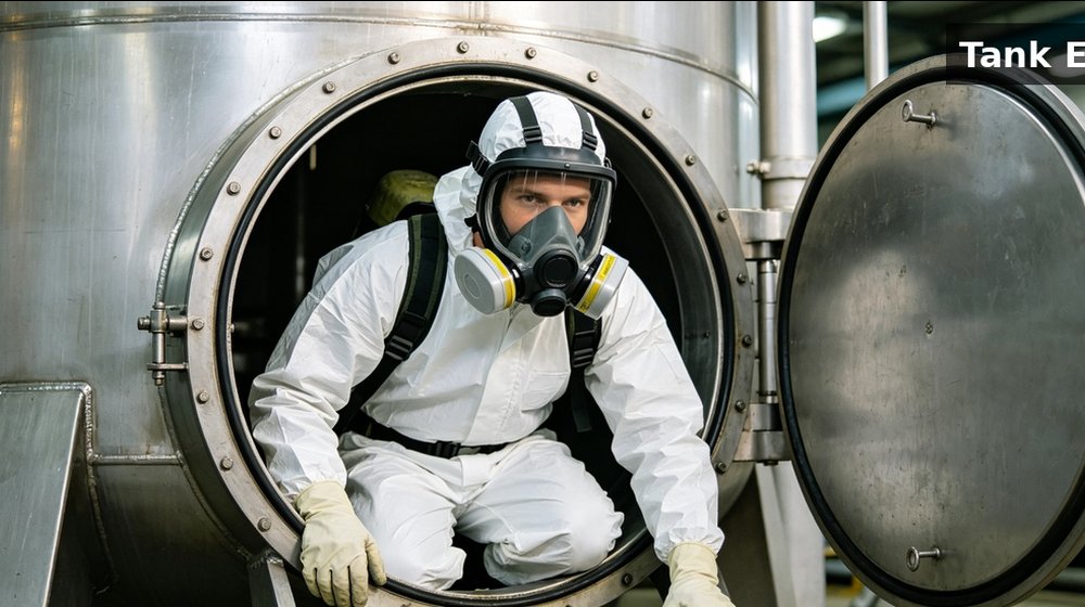 Chemical protective suit worker completing controlled tank entry during an industrial hazmat operation