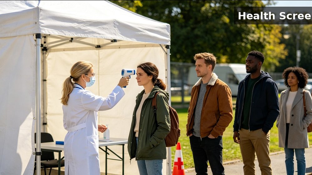 Hospital field medical supply image showing health screening checkpoint scene for temporary clinics, disaster response and institutional procureme