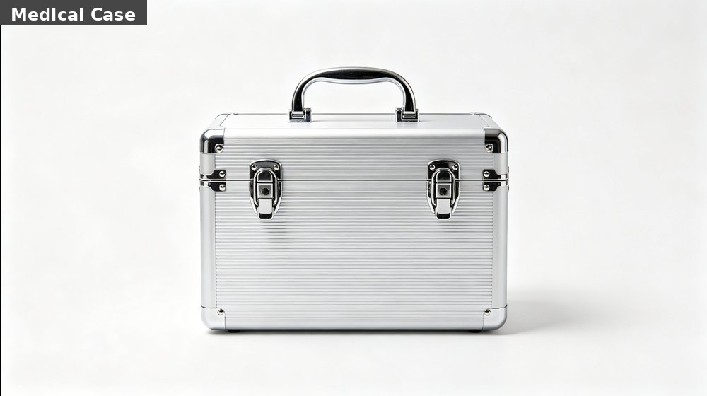 Hospital field medical supply image showing silver aluminum medical case white background for temporary clinics, disaster response and institution