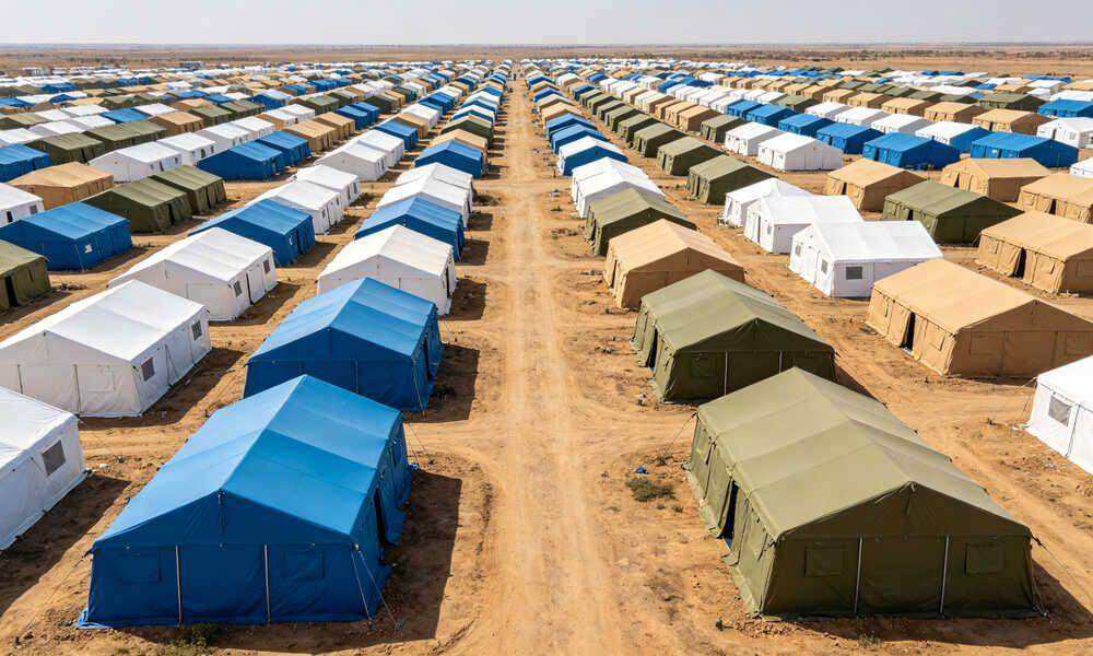 Large disaster relief emergency shelter camp with rows of blue frame tents for displaced families Large disaster relief emergency shelter camp with rows of blue frame tents for displaced families