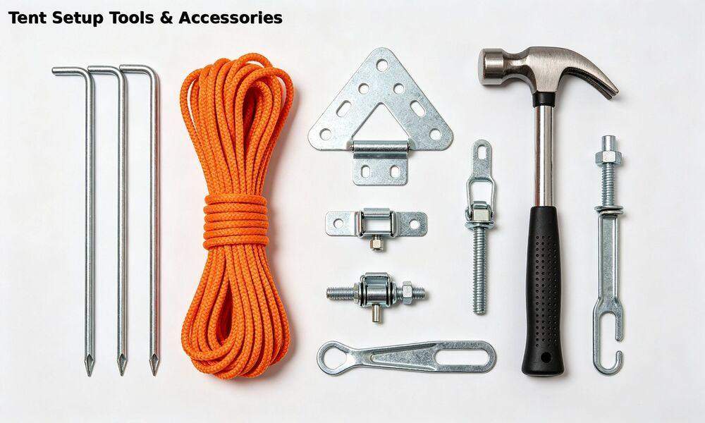 Emergency tent setup tools and accessories including steel stakes, nylon rope, mallet and connectors Emergency tent setup tools and accessories including steel stakes, nylon rope, mallet and connectors