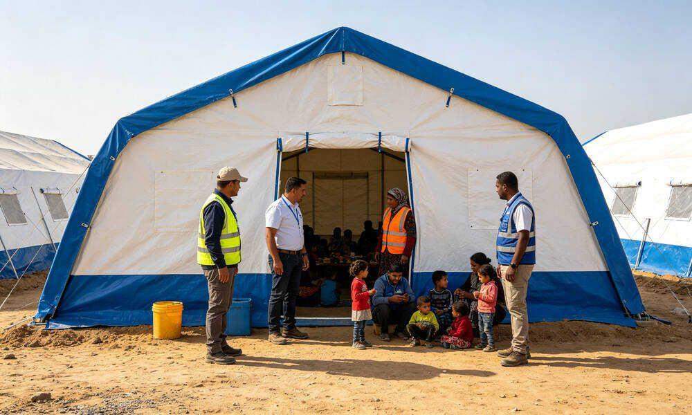 Blue emergency frame shelter tent in use at disaster relief camp with aid workers helping families Blue emergency frame shelter tent in use at disaster relief camp with aid workers helping families