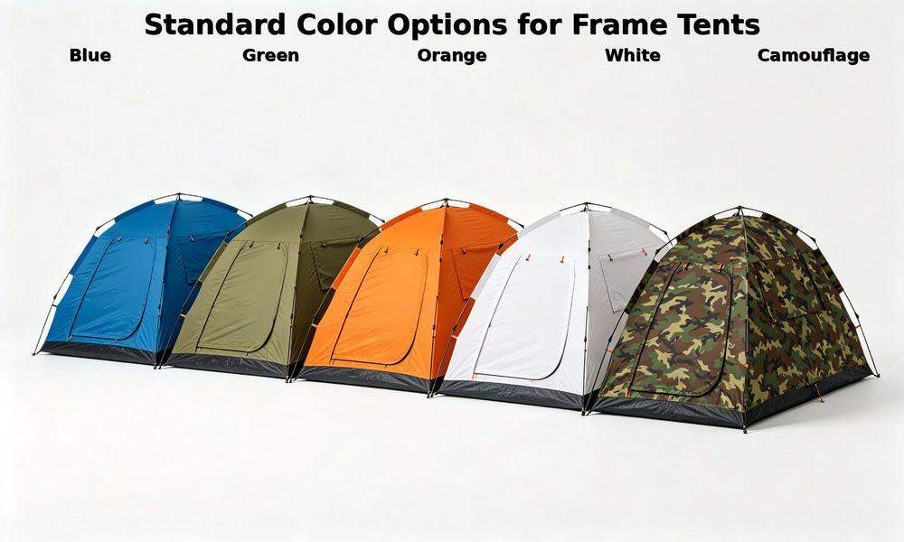 Five large emergency frame tents in different colors: blue, green, orange, white, camouflage pattern Five large emergency frame tents in different colors: blue, green, orange, white, camouflage pattern