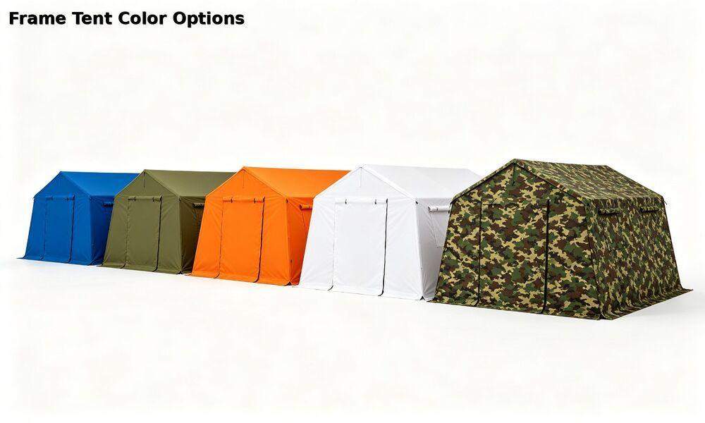 Row of emergency frame tents in different colors showing customization options for institutional buyers