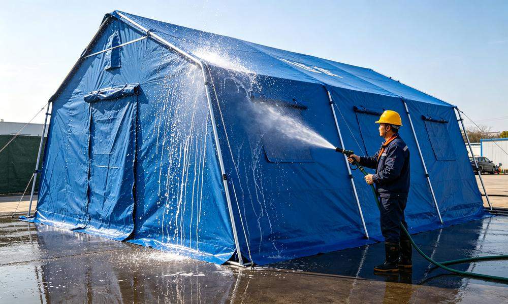 Outdoor waterproof testing of emergency frame tent with high-pressure water hose spraying water on fabric Outdoor waterproof testing of emergency frame tent with high-pressure water hose spraying water on fabric