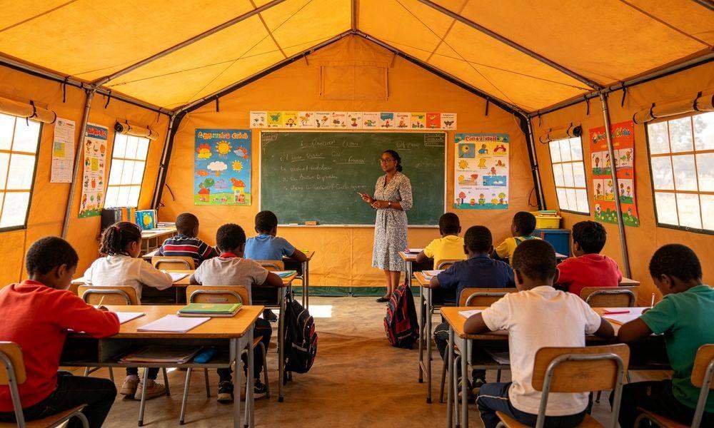 Collage of emergency shelter applications: medical, military, school, storage and command center uses