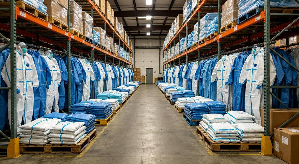 Government emergency reserve warehouse with body body body protective clothing and PPE supplies organized on pallets