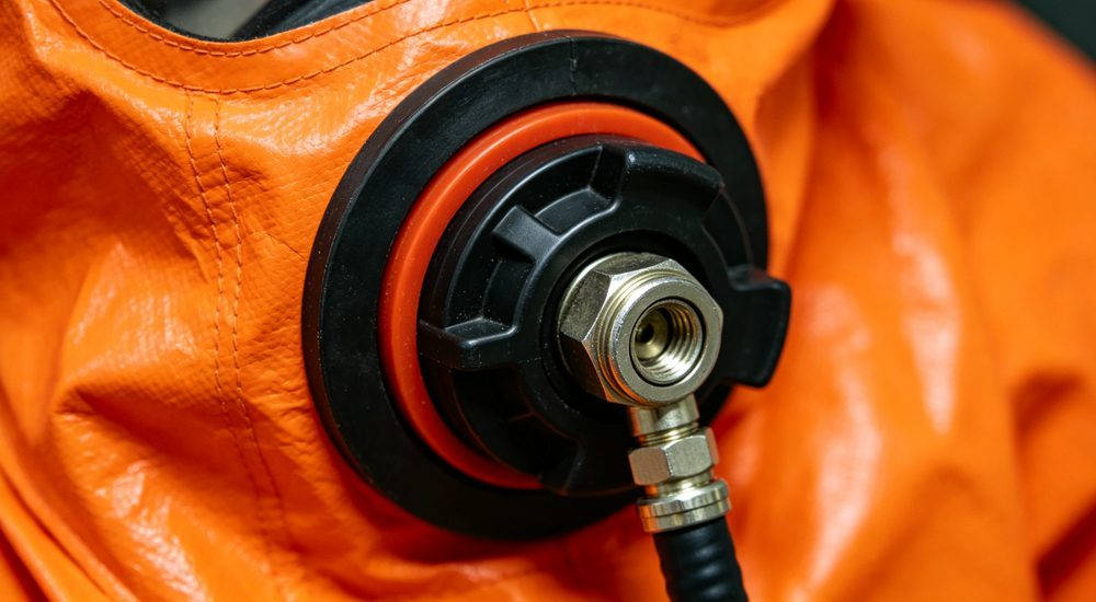 Close-up detail of Level A chemical suit inlet valve and pressure regulator on orange fabric Close-up detail of Level A chemical suit inlet valve and pressure regulator on orange fabric