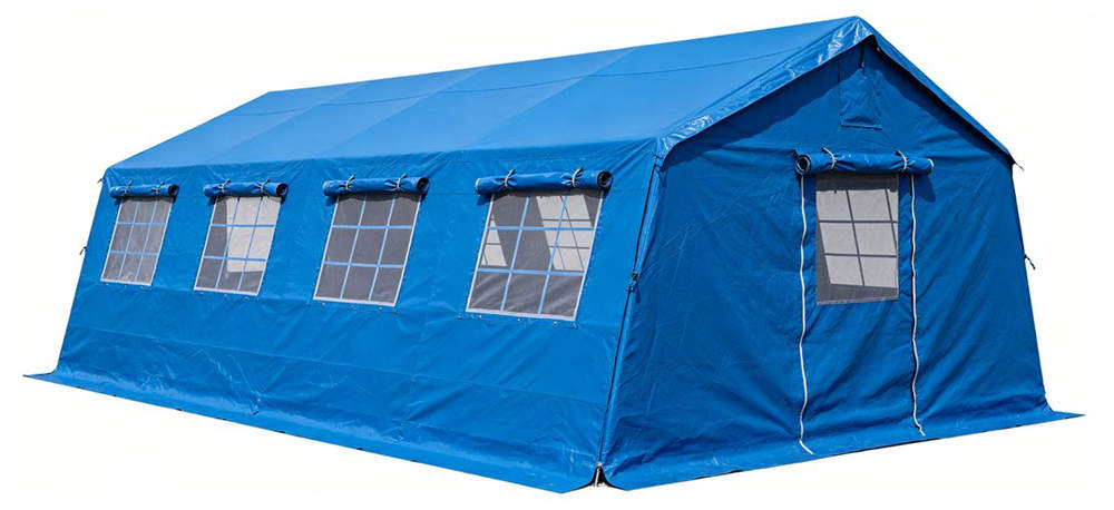Blue relief tent exterior with ventilation windows