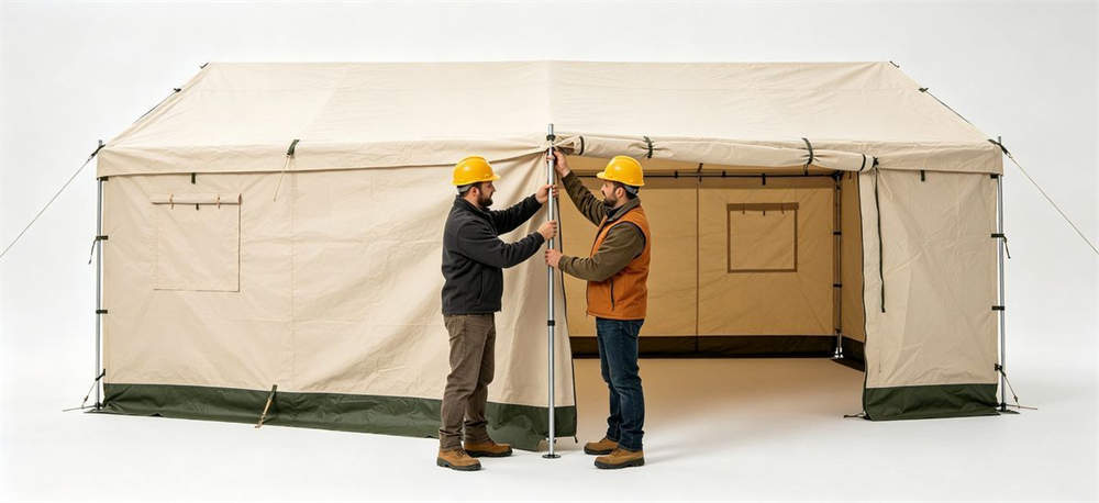 Workers setting up pole relief tent adjusting guy lines and stakes
