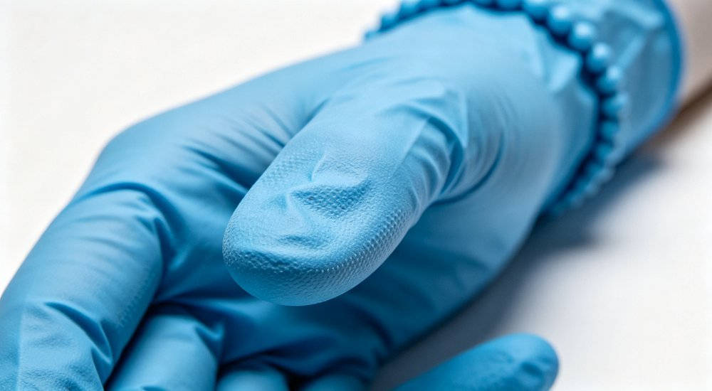 Medical glove fingertip texture detail showing visible product details for bulk protective equipment evaluation Medical glove fingertip texture detail showing visible product details for bulk protective equipment evaluation