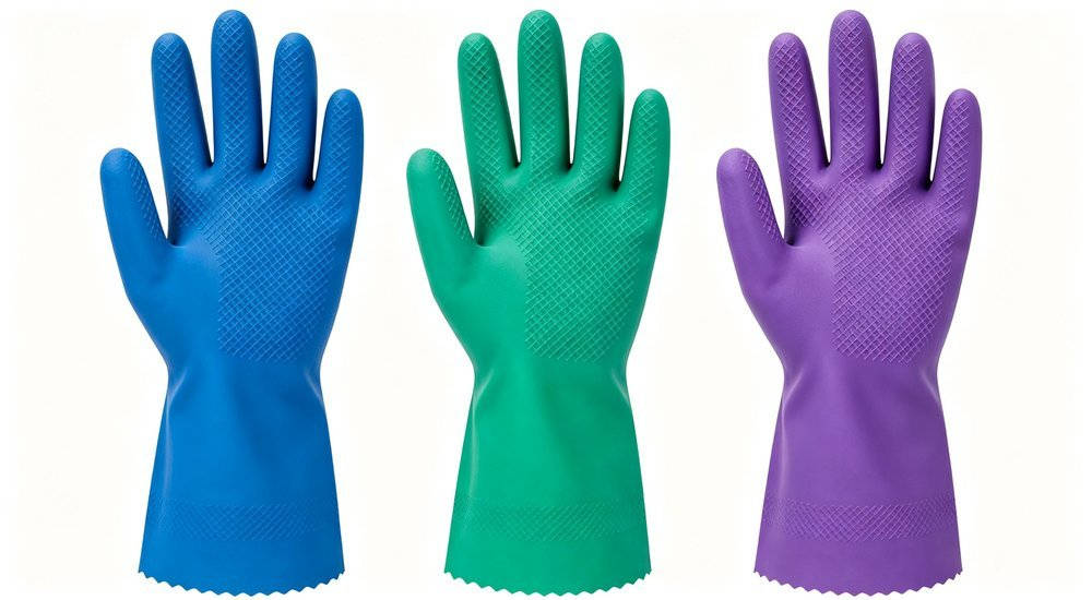 Chemical resistant nitrile gloves blue green purple for comparing gloves, safety footwear and operational protection requirements