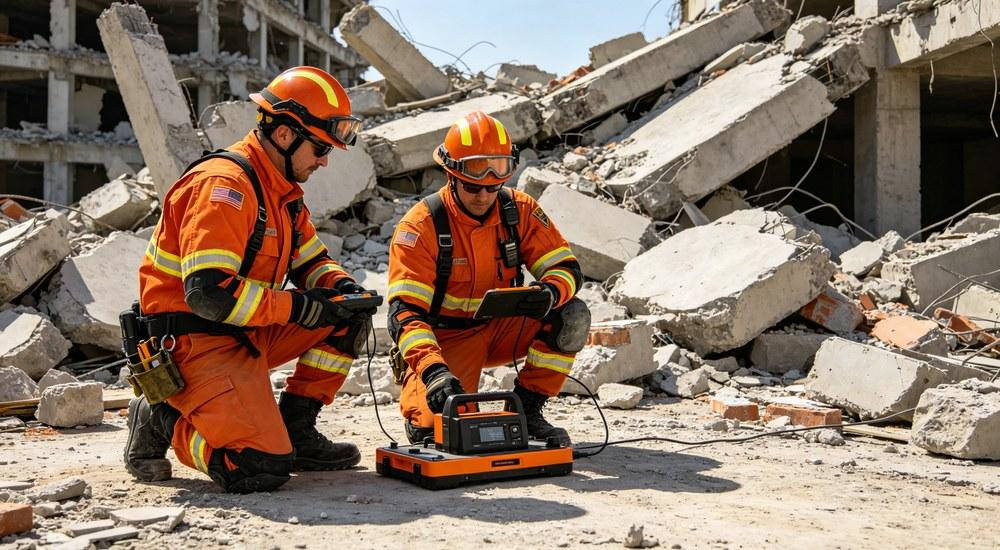 USAR urban search and rescue team operating at earthquake disaster site with detection equipment USAR urban search and rescue team operating at earthquake disaster site with detection equipment