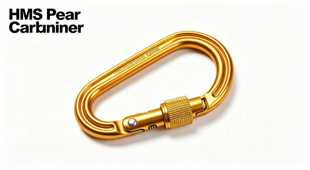 Gold HMS pear-shaped locking carabiner for rope rescue systems on white background