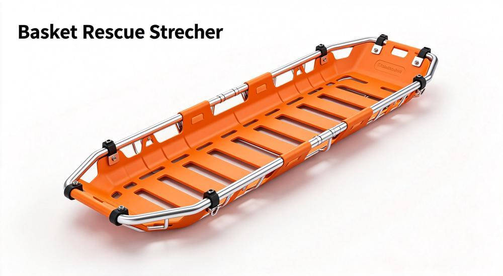 Orange basket rescue stretcher for helicopter hoist and vertical rescue on white background