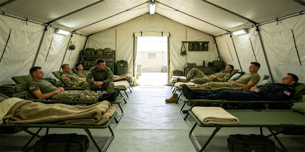 Military tent interior with soldiers resting on cots with wool blankets and sleeping bags