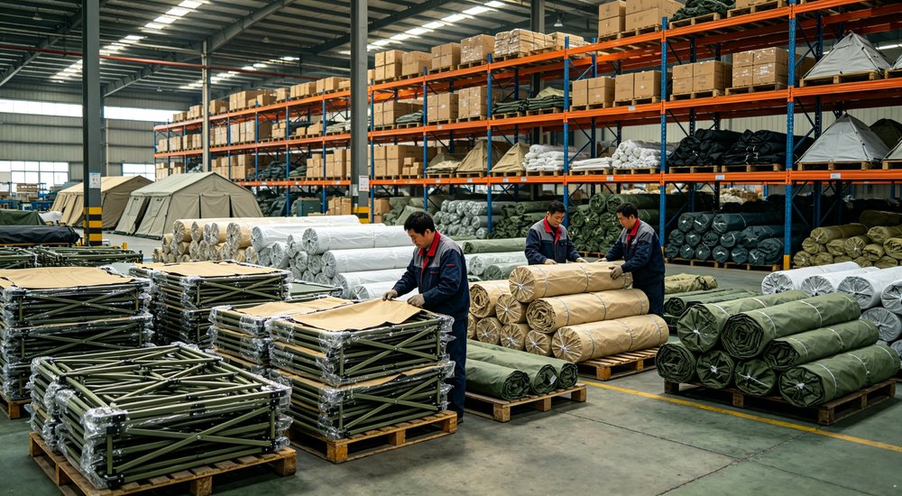 Frame tent warehouse inventory with Chinese workers